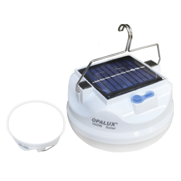 Lampara tipo Foco Opalux Lighting 60 led Portatil Recargable (carga con panel solar) op-fd200w 3 intensidades/ iman/ colgador